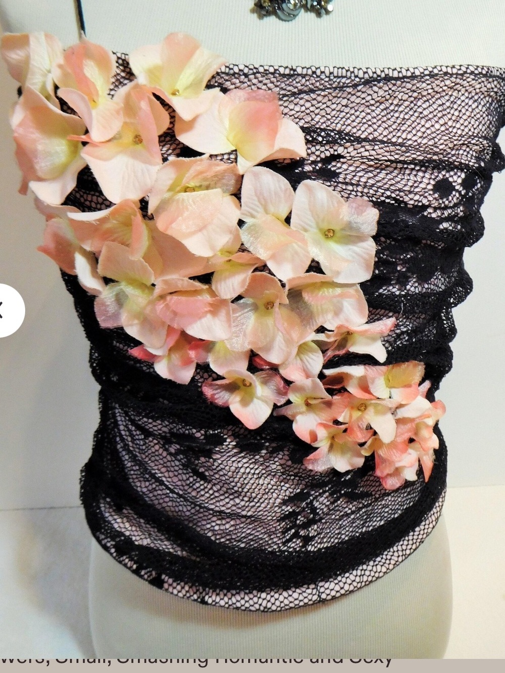 Lillie Rubin Black Net Camisole with Peach-Pink Floral Appliqué